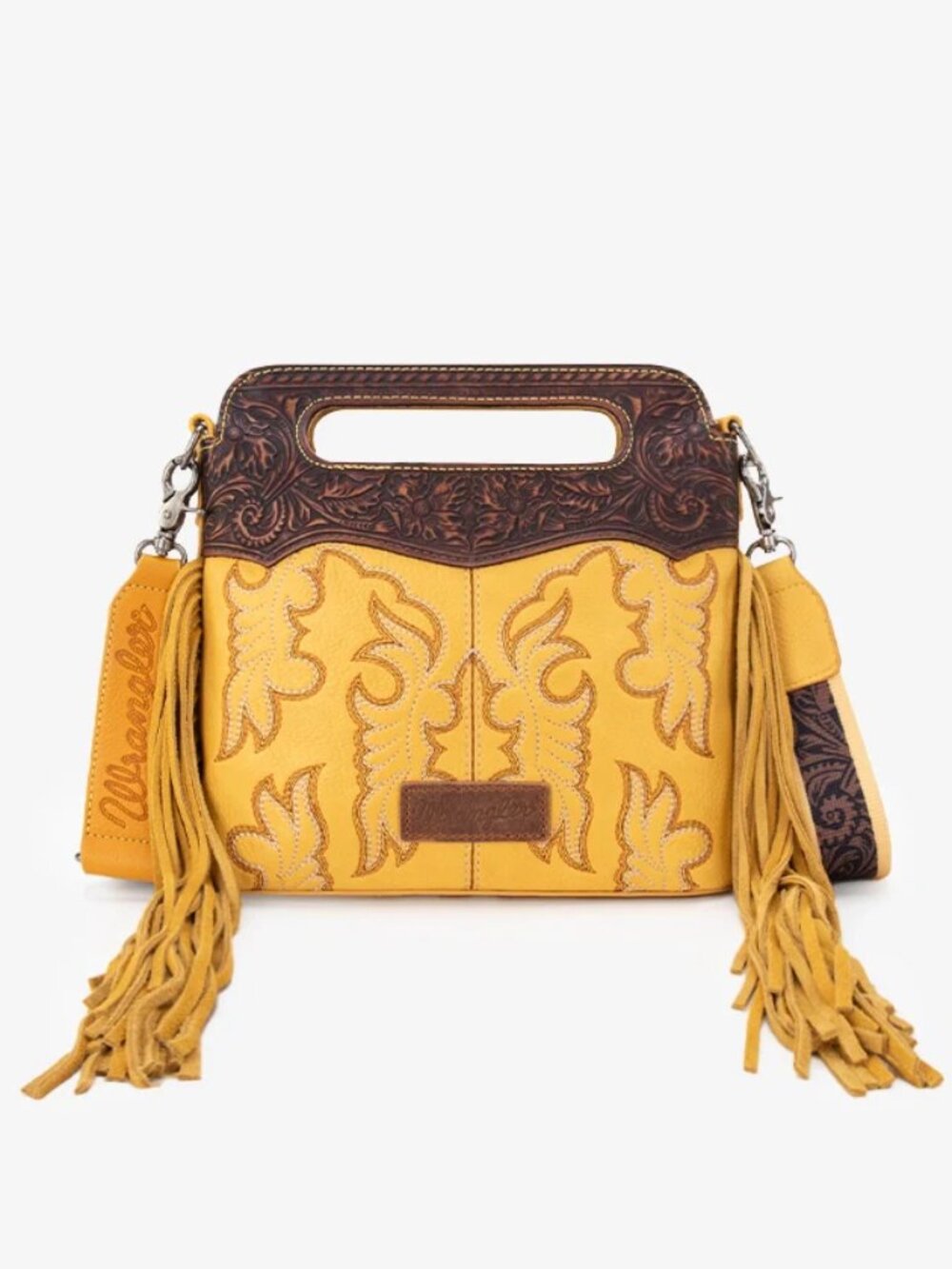Wrangler Yellow Leather Fringe Crossbody with Carved Brown Trim - never used